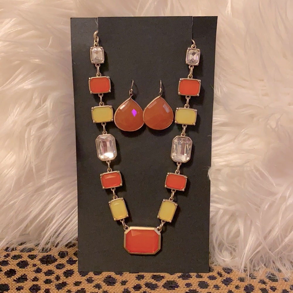 Long Necklace and Earring Set Orange/Yellow